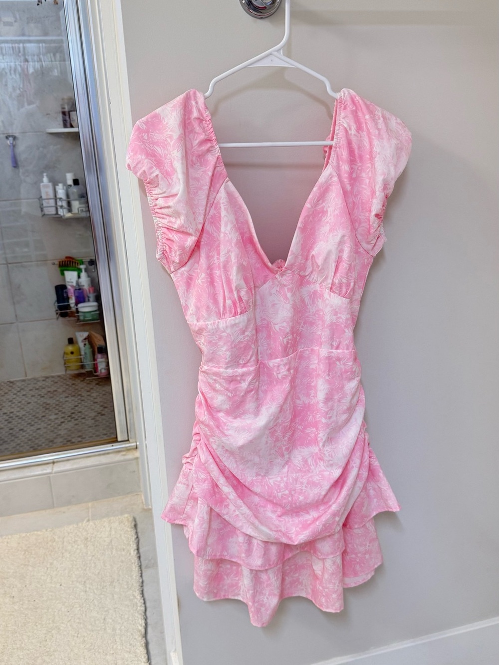 Source Unknown Pink Floral V-Neck Ruffle Mini Dress